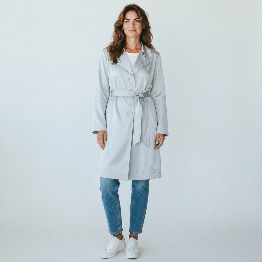 Vintage Silvery  Blue Satin Trench Coat Women's Lightweight Belted Duster Jacket